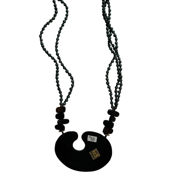 Vintage Blue Black Inlay Shell Beaded Lacquered Necklace Adjustable Chain Link - Picture 4 of 6